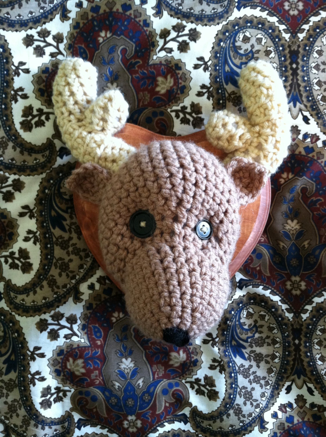 Handmade Taupe/Bone Crocheted Deer Mount - Animal Friendly Taxidermy Trophies