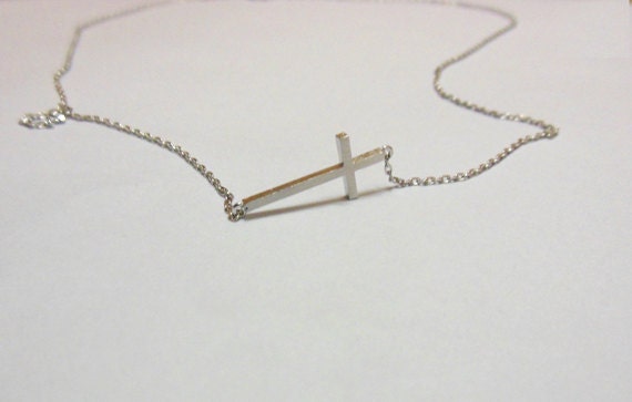 Sideways Cross Necklace - Side cross Necklace,in silver, bridesmaid Necklace