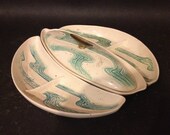 Vintage Ceramic Serving Set, AQUA / GOLD Bell Mfg. 4 piece Relish Tray USA Mid Century China