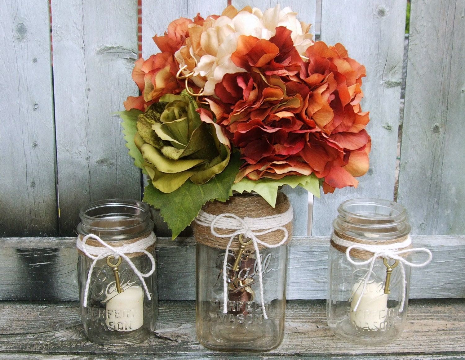 Shabby Chic Wedding Decoration / Rustic  Wedding / Fall Wedding / Bouquet  Vase / Votive Candle Holder / Mason Jar / Sweet Heart Table Set