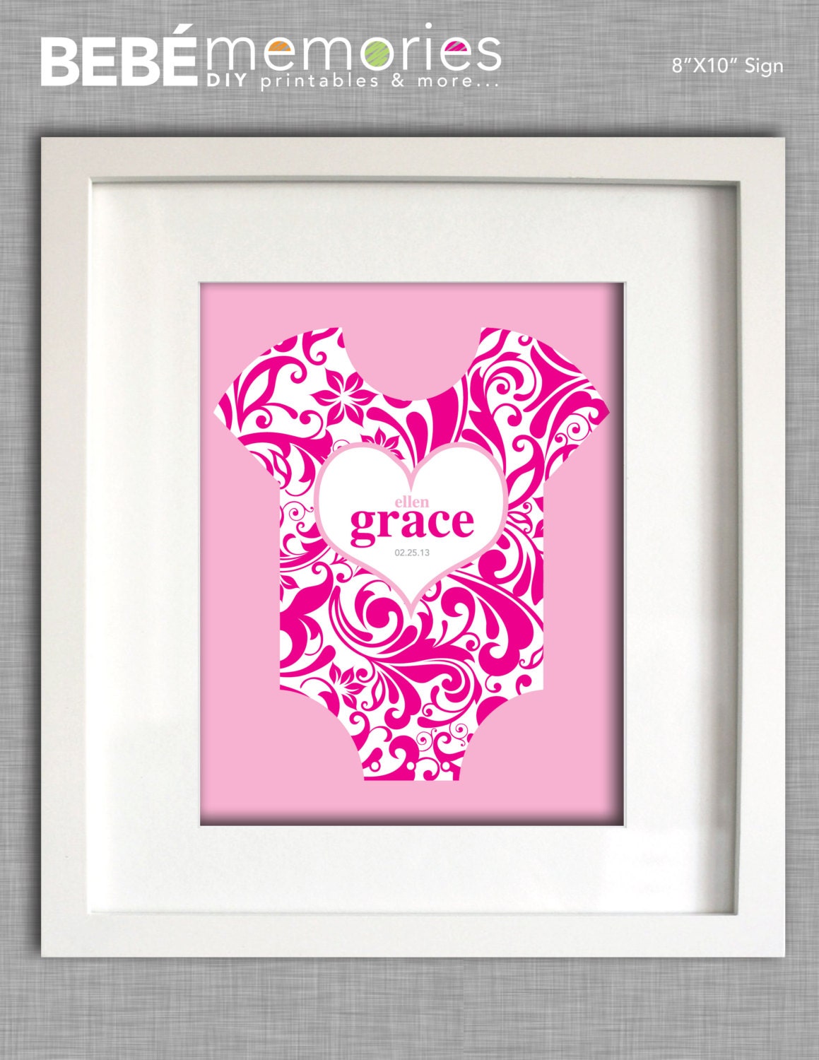 Onesie Print & Heart Nursery Wall Art 8X10 - Bebé Memories