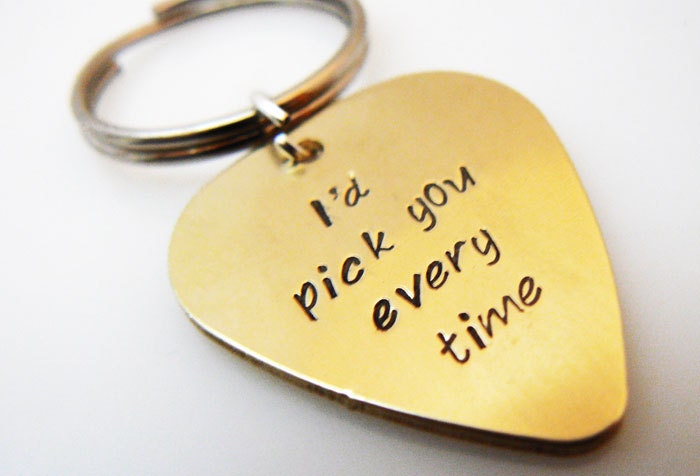 Hand Stamped Guitar Pick Keychain, Key chain boyfriend, husband, friend gift,  Key Ring, Personalized BFF, Brass or Aluminum