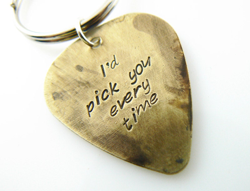 Hand Stamped Guitar Pick Keychain, Key chain boyfriend, husband, friend gift,  Key Ring, Personalized BFF, Brass or Aluminum
