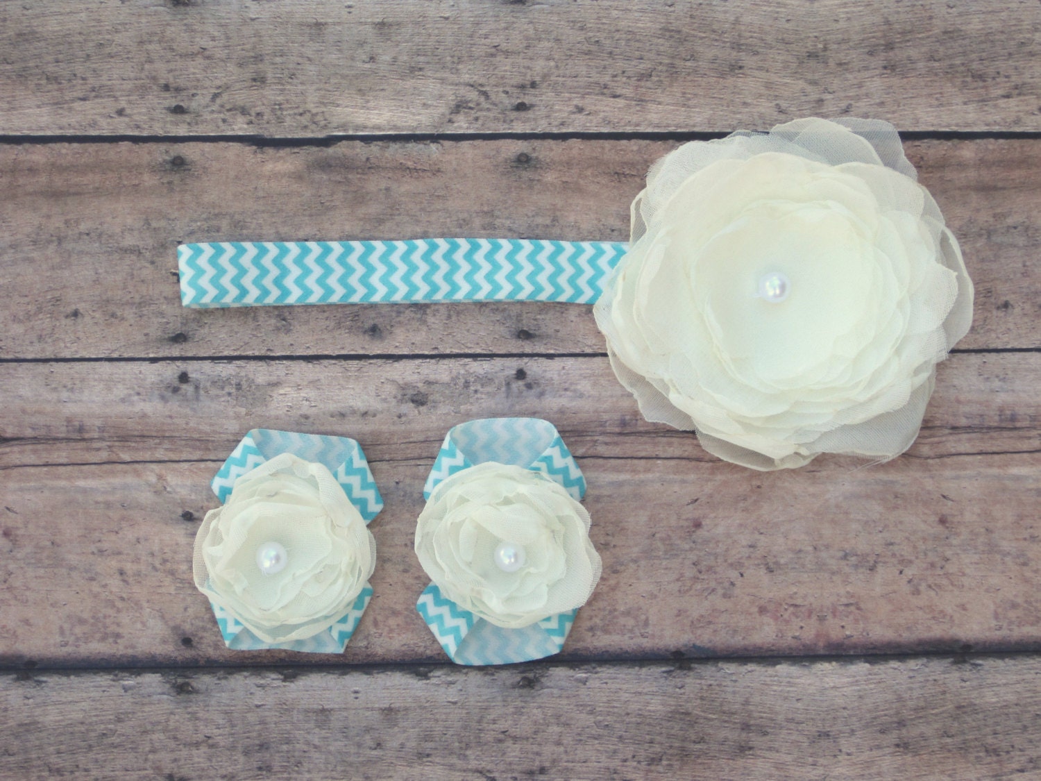 Aqua and White Chevron with Ivory Flower Headband and Barefoot Sandal Set