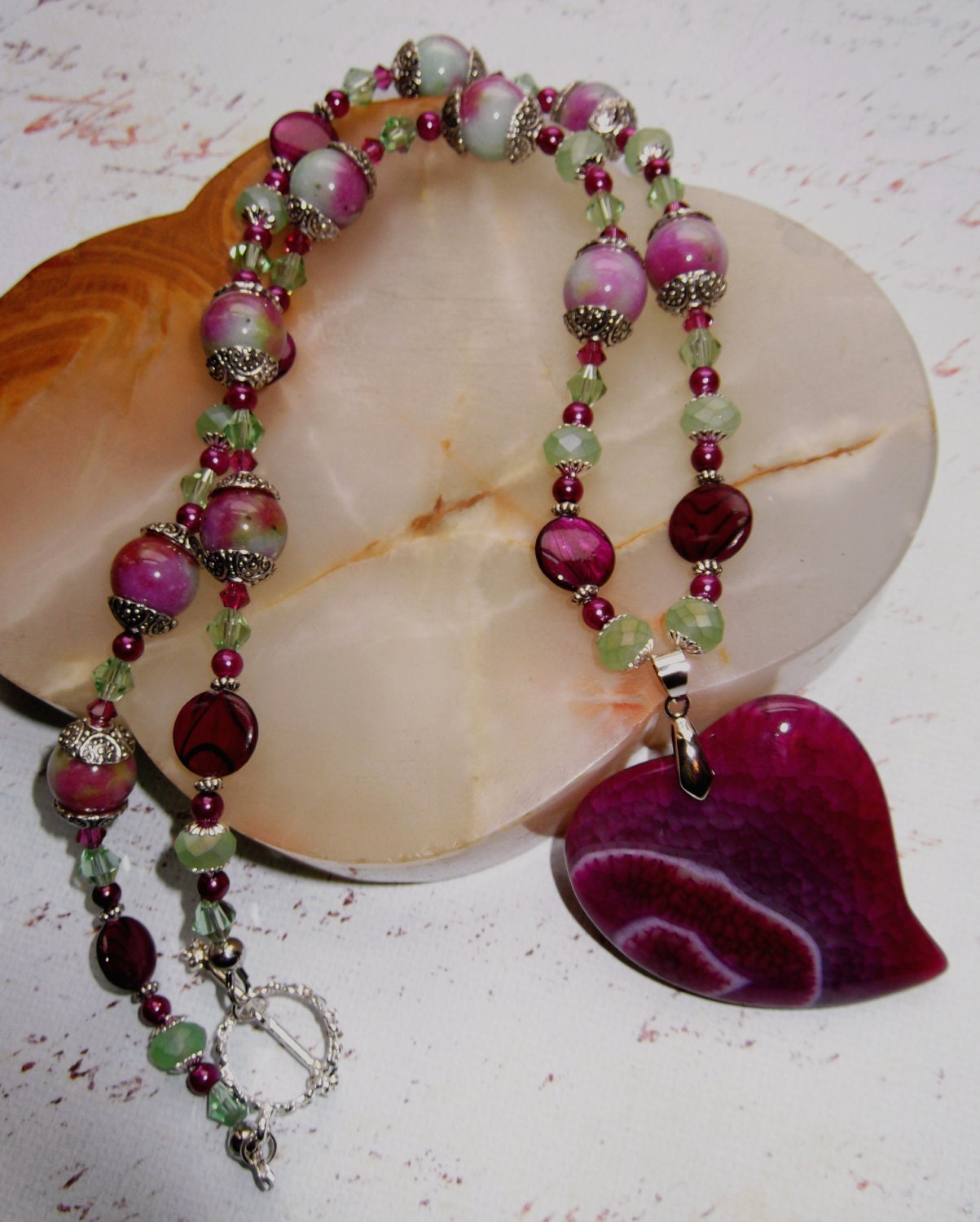 Magenta and Honeydew Melon Green (necklace & earrings set)