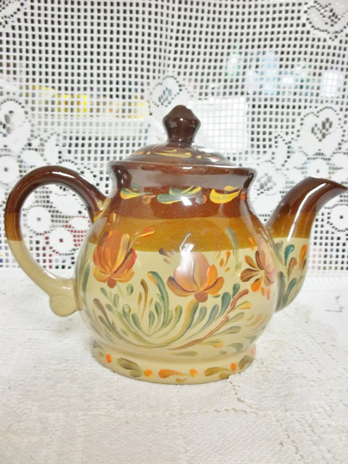 Crockery Pottery Tea Pot Hand Painted Original Design Folk Art, Rosemaling Style
