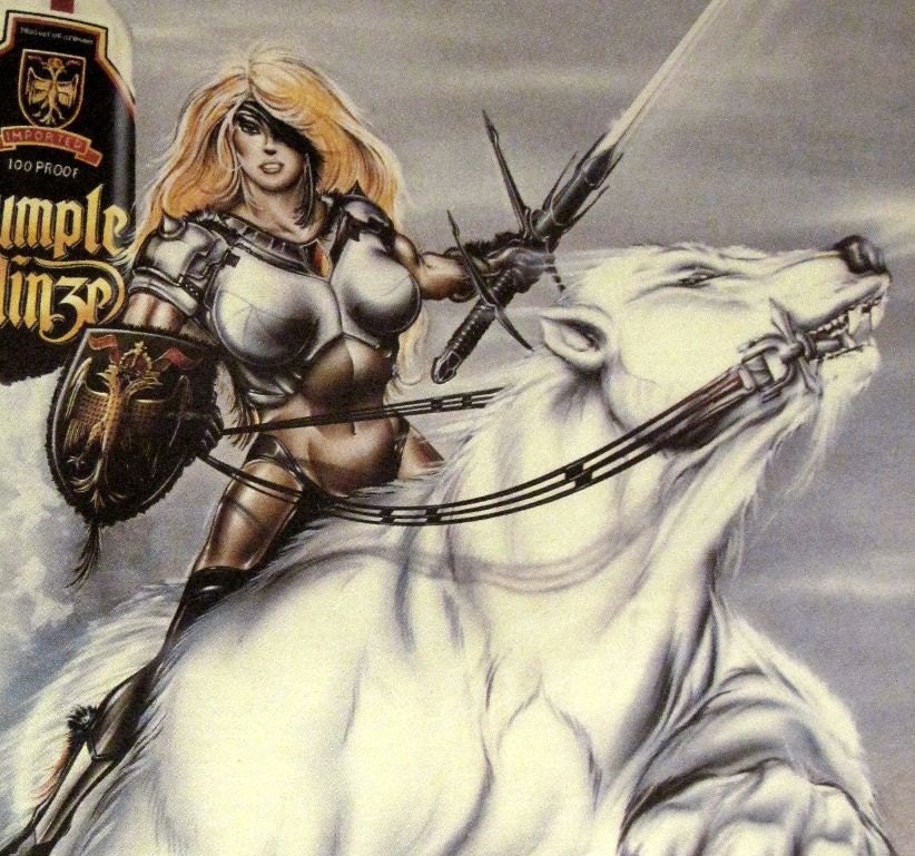 1980s pretty blonde fantasy warrior on Polar Bear Rumple Minze Print Ad Eighties Pin-up
