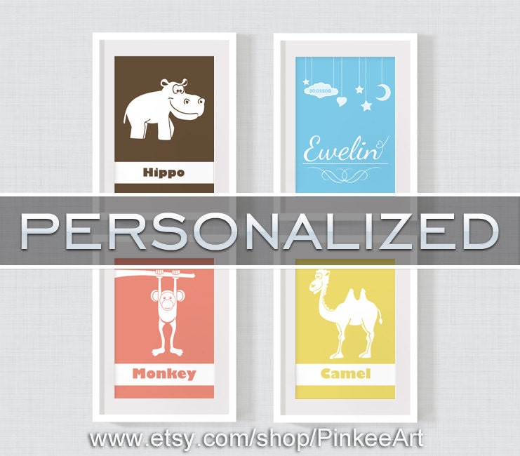 Personalized kids room decor, wall decor for kids room, child name print, date of birth, custom playroom art, nursery, Set of 4, 13x18cm,5x7