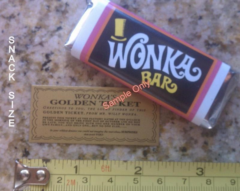 Snack sized Willy Wonka chocolate bar wrappers & Golden Tickets