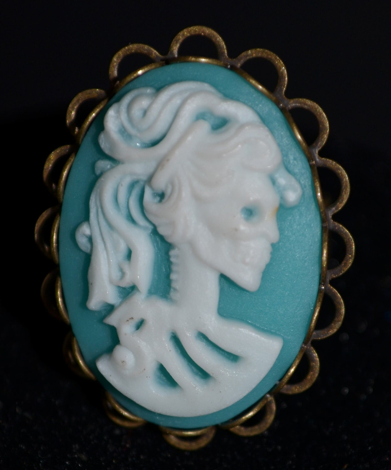 Unique Bright Blue & White Skeleton/Skull Cabochon/Cameo adjustable ring (steampunk, gothic, alternative, indie, vintage, retro)