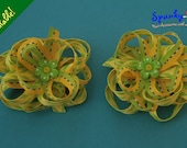 Beautiful Bright Green and Yellow Sunflower Swirly Alligator Hair Clip Wedding Bridal Flower girl Bow set of 2