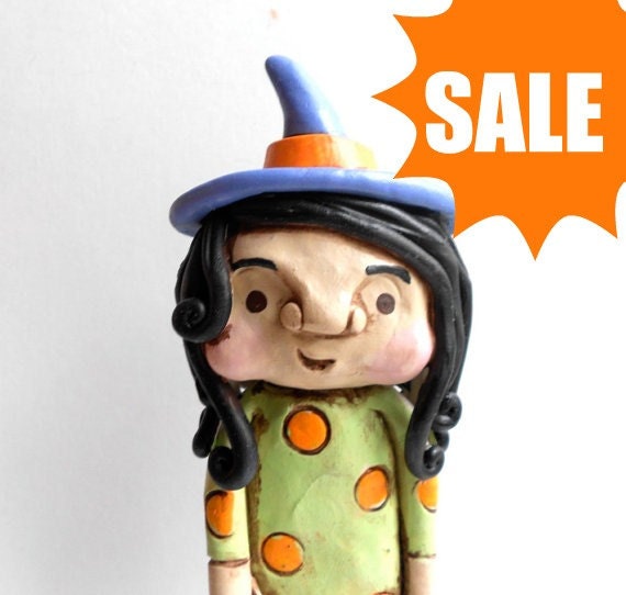 SALE Trick or Treat Halloween Girl in Witch Costume Original clay folk art sculpture