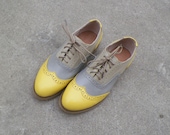 Grey and yellow leather oxford shoes-