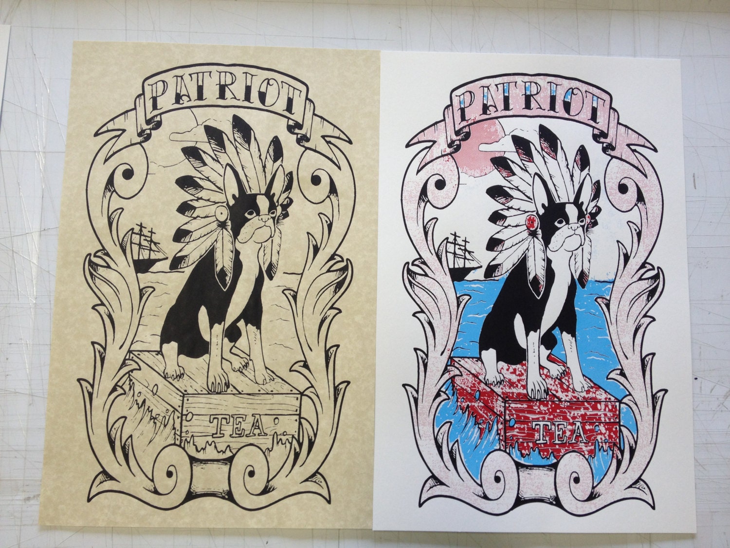 Boston Terrier Tea Party Hand Pulled Screen Print Poster