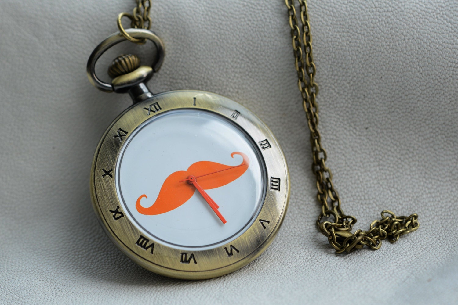 Antique Brass Pocket Watch, Mustache Pocket Watch, Moustache Pocket Watch, Antique Brass Watch Necklace, PC-18 Orange
