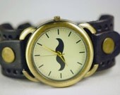 Leather Watch Gold Bronze Brass Rugged Brown Leather Strap Watch Vintage Moustache Mustache Women Watch Leather Cuff Watch, ww-143 D Brown