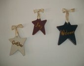 Rustic Handmade STAR TRIO: Welcome, Joy, Gather Wall Hangings, Solid Wood w/bows