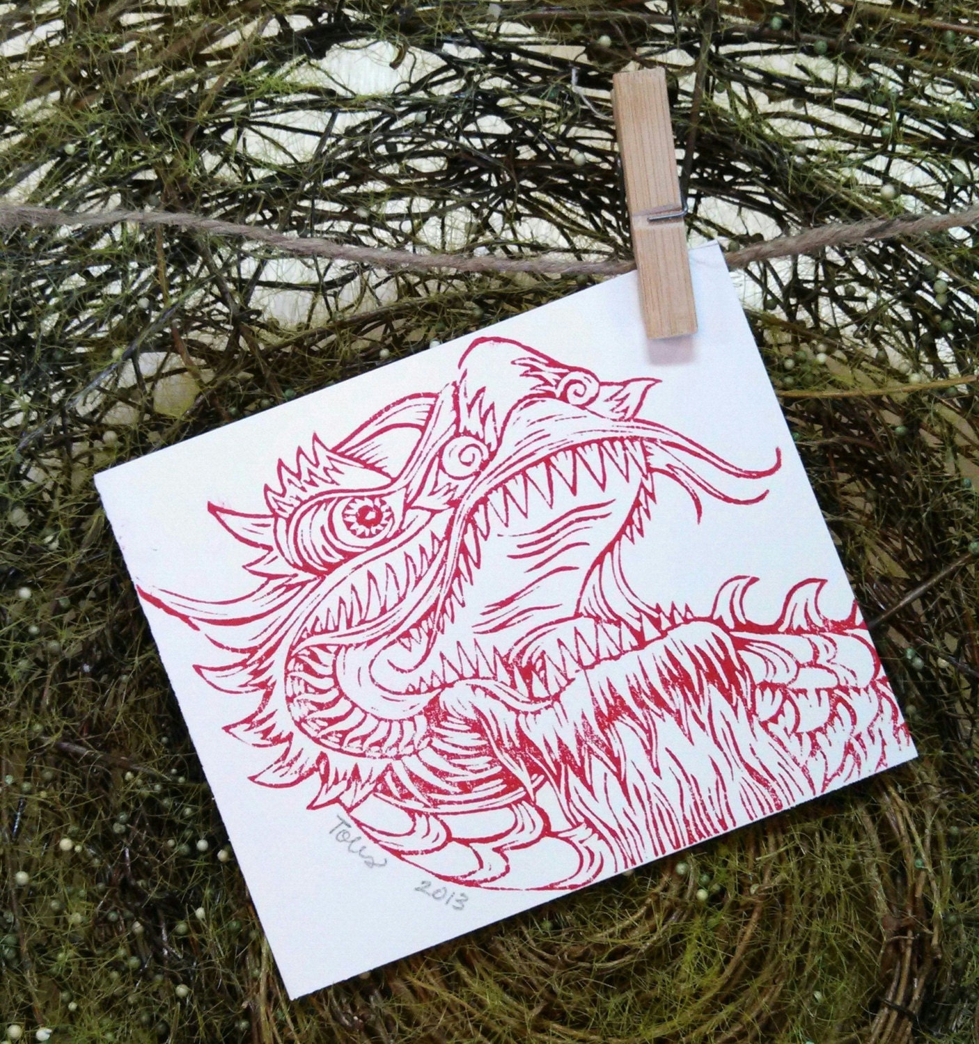 Dragon - China - Red - Small funky prints in all colors on cotton paper