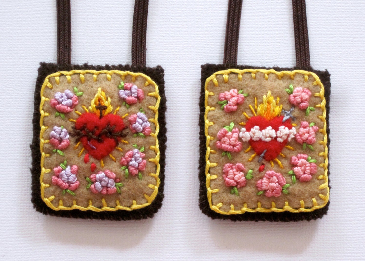 Embroidered Brown Scapular: Pink and Purple Roses On Fawn-Colored Felt and Wool