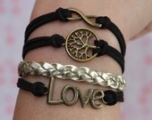 Wish Tree Bracelet, Love Bracelet, Karma Bracelet - Antique Bronze Charm Bracelet, Black Flocking Leather Bracelet, Friendship gift