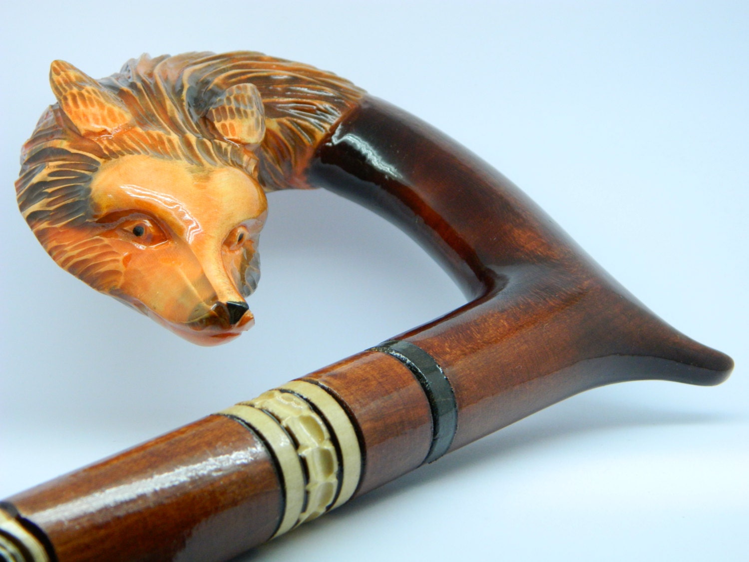 Walking Stick Cane "FOX" Hand carved of beech wood, Great gift