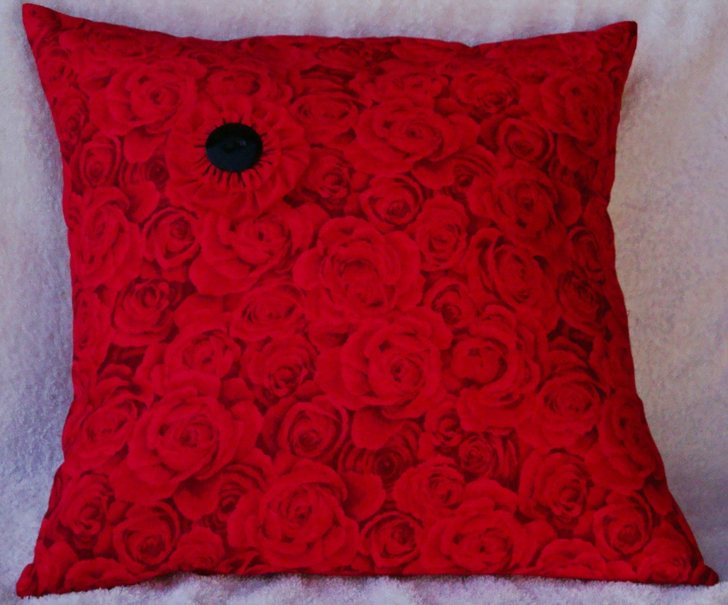 Handmade Cushion/ Pillow Cover size 18x18 inches, customs made,  Great for Mothers Day Colour Dark Red with Centre rosette and button