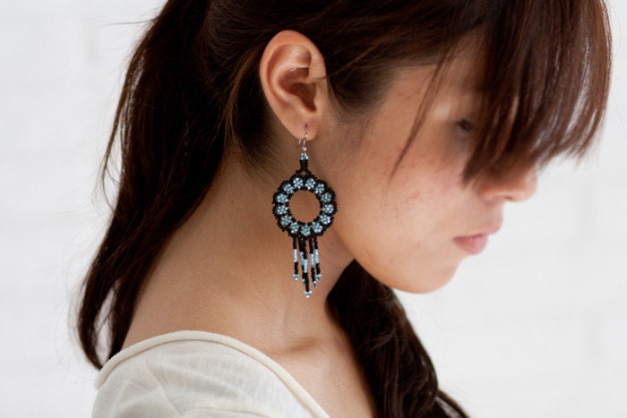 Large Blue and black earrings, mexican earrings, Blue  peyote earrings, peyote jewelry