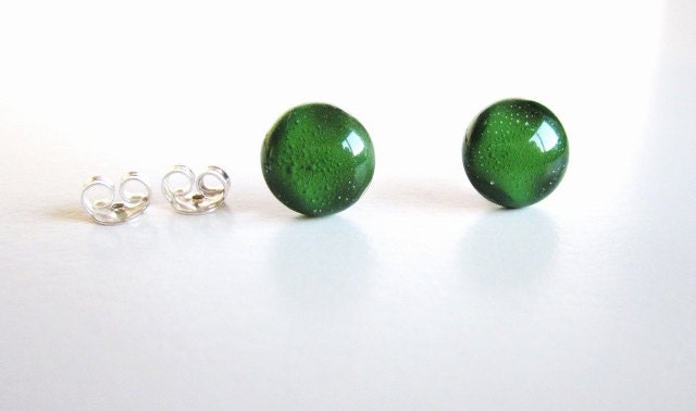 Glass & Silver 925 - Handmade Recycled-Glass - Fusing - Green - Button Earrings -