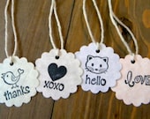 20 Hand stamped CUSTOM HANG TAGS. Mix and Match your character and greeting- heart, kitty, bird, thanks, hello & more.