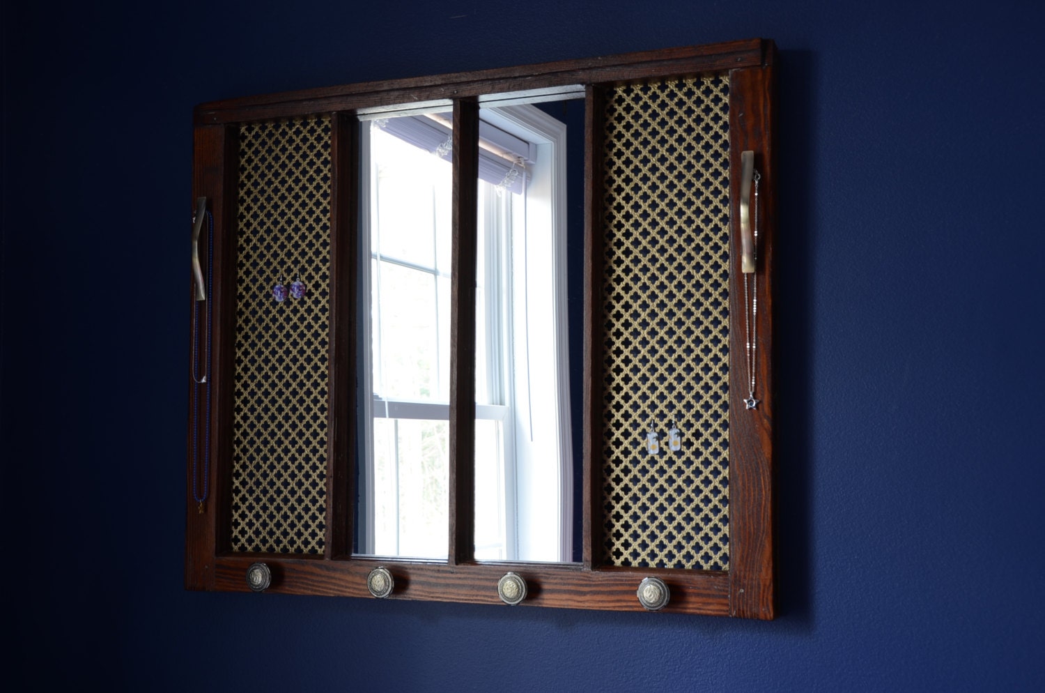 Handmade, one of a kind window frame jewelry organizer and mirror.