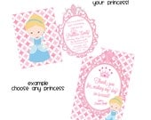 One Princess invitation and thank you set - Aurora, Cinderella, Belle, Tiana, Rapunzel, Snow White, Jasmine, Pocahontus, Mulan, Ariel
