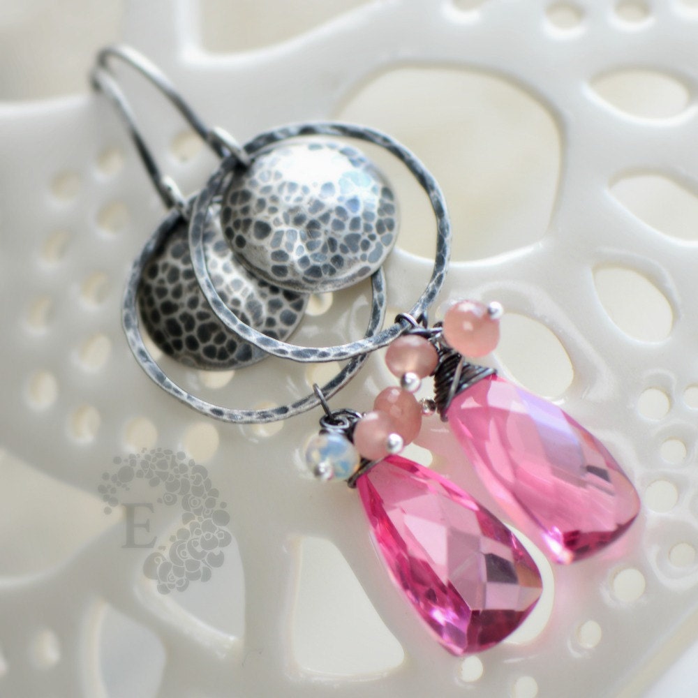 earrings with  rose pink quartz, peach rhodochrosite, opal and oxidised silver by Emily Gray