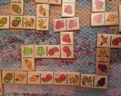 Vintage wooden domino buttons, fruits, vegetables, berries, 1992s