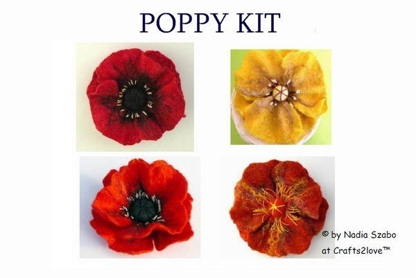 Felted Poppy KIT: Tutorial, how to wet felt by hand, felted flower brooch instructions kit.