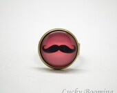 Mustache Ring - 16mm Black Curly Moustache Glass Art Ring, Picture adjustable Ring R6