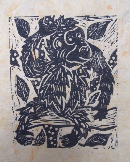 Original Funky Monkey Lino Print , Peach background