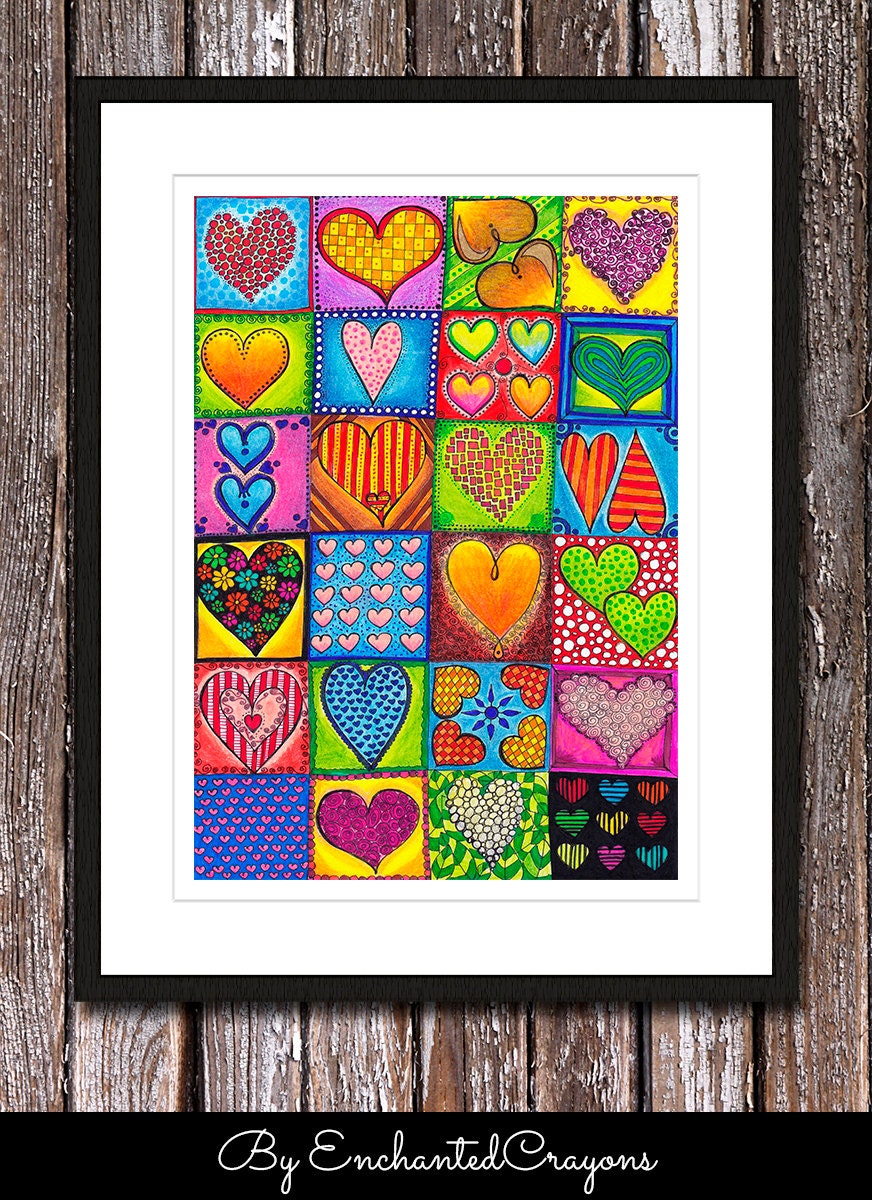Lovely Romantic Hearts Original Drawing - 8.3x11.7" (A4) Digital Art Print on Satin Paper, Giclee Wall Decor, Poster, Love Pens, Crayons