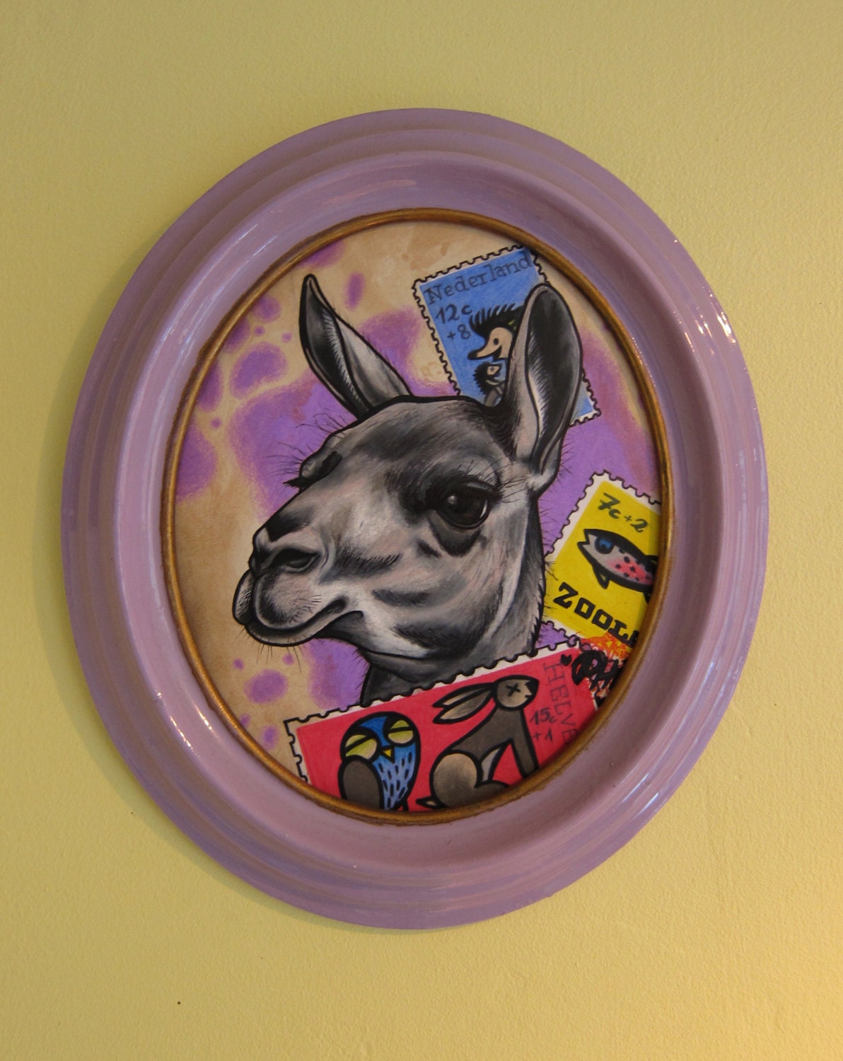 Travel with a Lama in candy colours " ORIGINAL drawing inspired by tattoos and life (nicely framed)