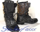 Custom Made lace up black leather gold spike studded rebel biker cowboy Boots
