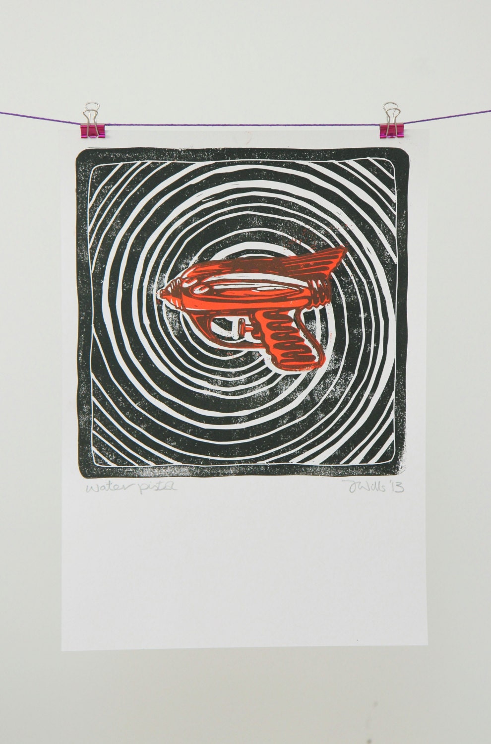 Water pistol - red and brown on black swirl -  linocut print A3