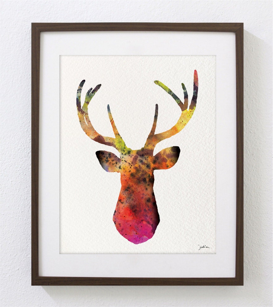Deer Art Watercolor Painting - 8x10 Archival Print - Colorful Art Deer Antler Stag Silhouette Home Decor Wall Art
