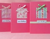 Perfect present: set of 3, handmade, pink, fabric present birthday cards
