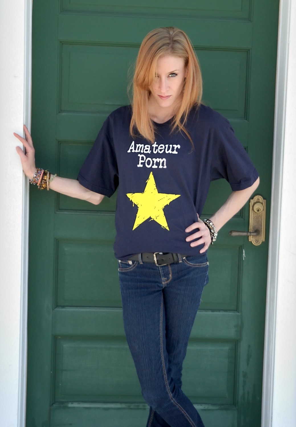 Amateur porn star T. American apparel 2001 unisex summer jersey tee. 100% cotton, silkscreen graphic. available in navy only