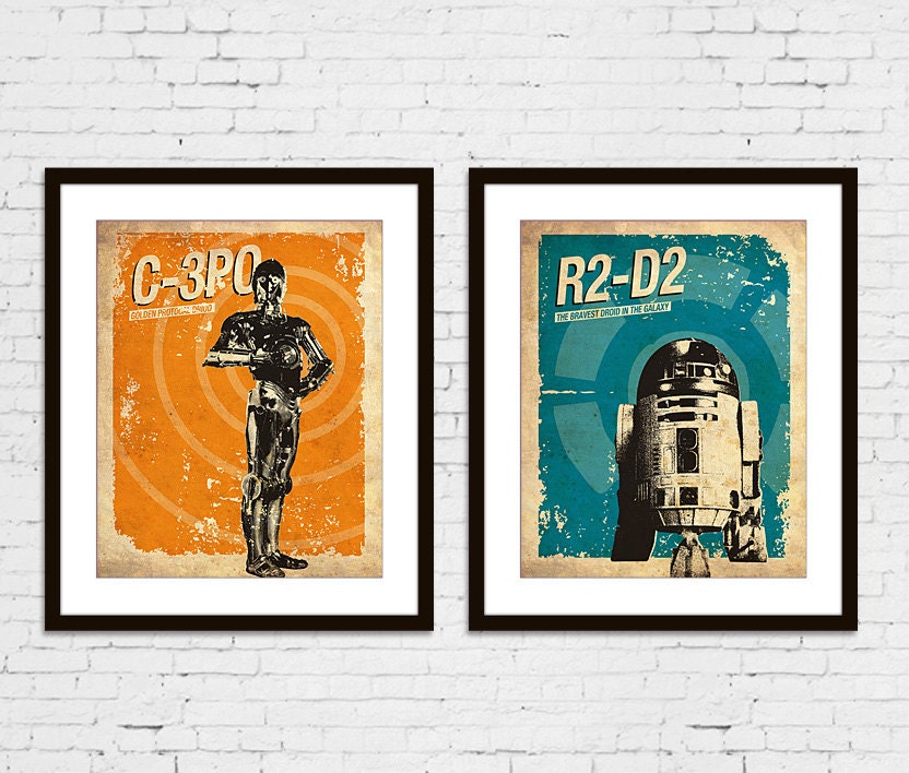 Star Wars C-3PO R2-D2 Vintage Silhouette Poster Print Set of 2