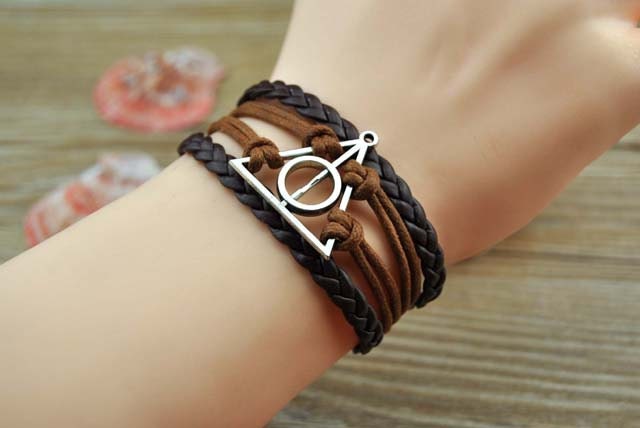Harry Potter and the Deathly Hallows bracelet, brown braided leather rope & cotton rope, fashion cuff bracelet, a gift the best choice. A006