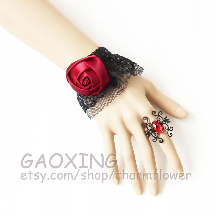 Adjustable Handmade Bracelet Black Lace Bracelet Red Silk Rose Bracelet Red Resin Drill Ring Female Fashion Accessory Delicate Jewelry WS215