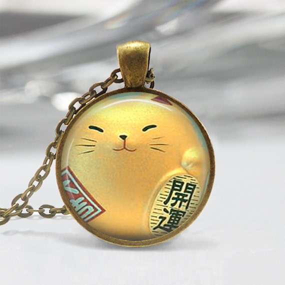 Chinese Lucky Cat Pendant - Glass Pendant Picture Pendant Chinese Lucky Cat Charm - Golden Lucky Cat Pendant (165)