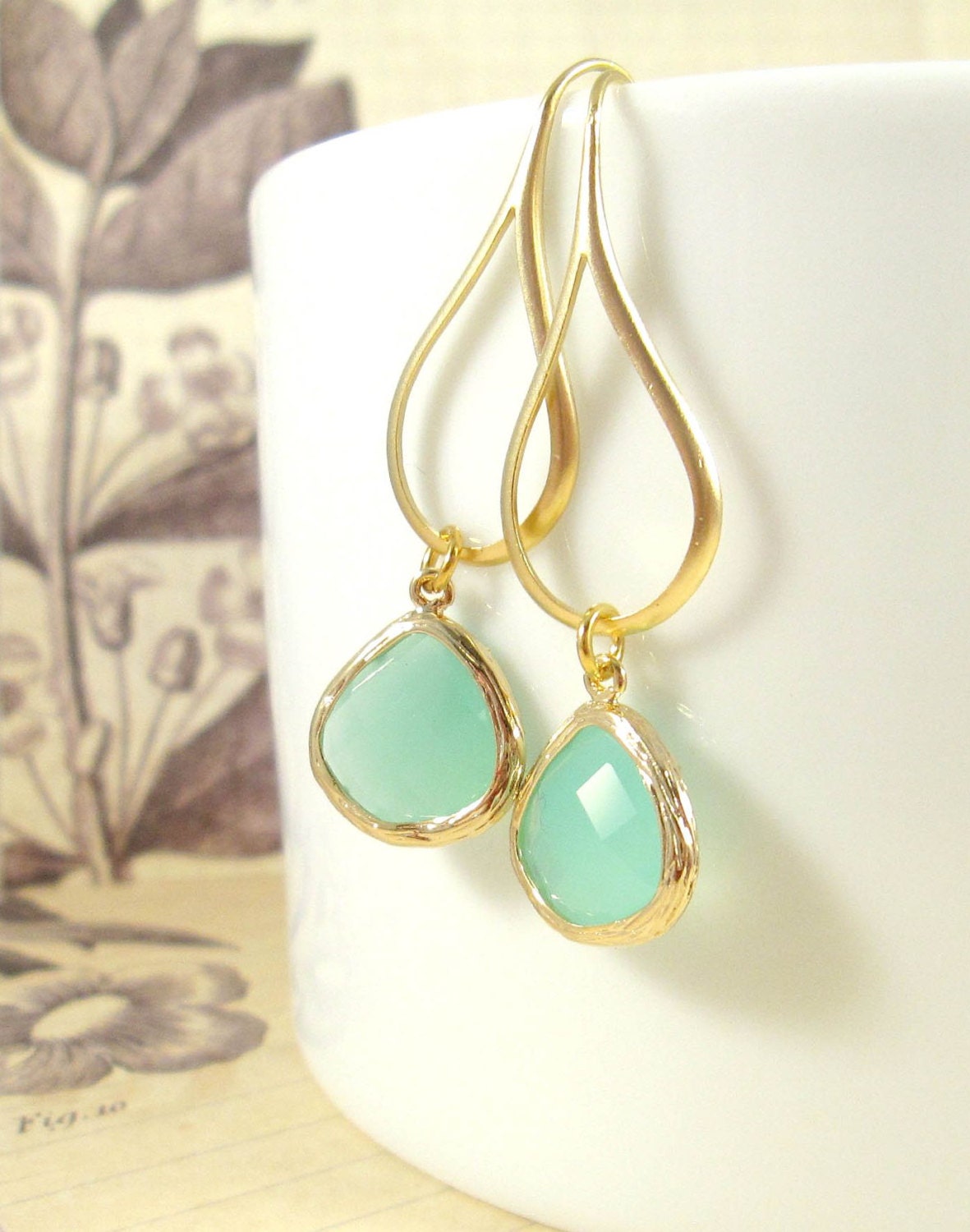 Gold Earrings : Mint Green Petals