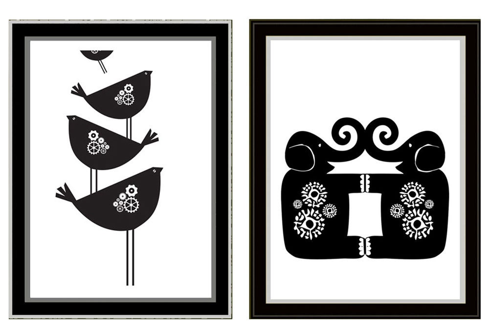 Modern Black and White Birds and Elephants Screenprint Set Wall Art - Hand Silkscreen printed Art Prints