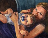 Original Framed Watercolor New Mother Baby Family Painting Art DelPesco